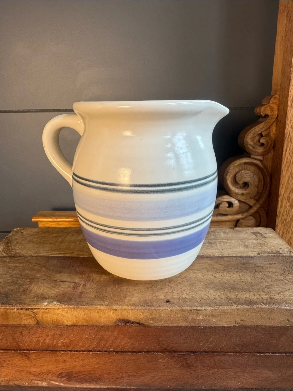 Pfaltzgraff Rio Pattern White Stoneware Pitcher Blue Stripes Timeless Classic